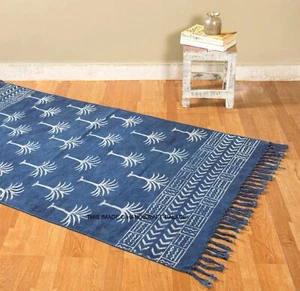 Indian Hand Block Print Rug Palm Tree Indigo Cotton Area Mat Floor Meditation - Picture 1 of 4