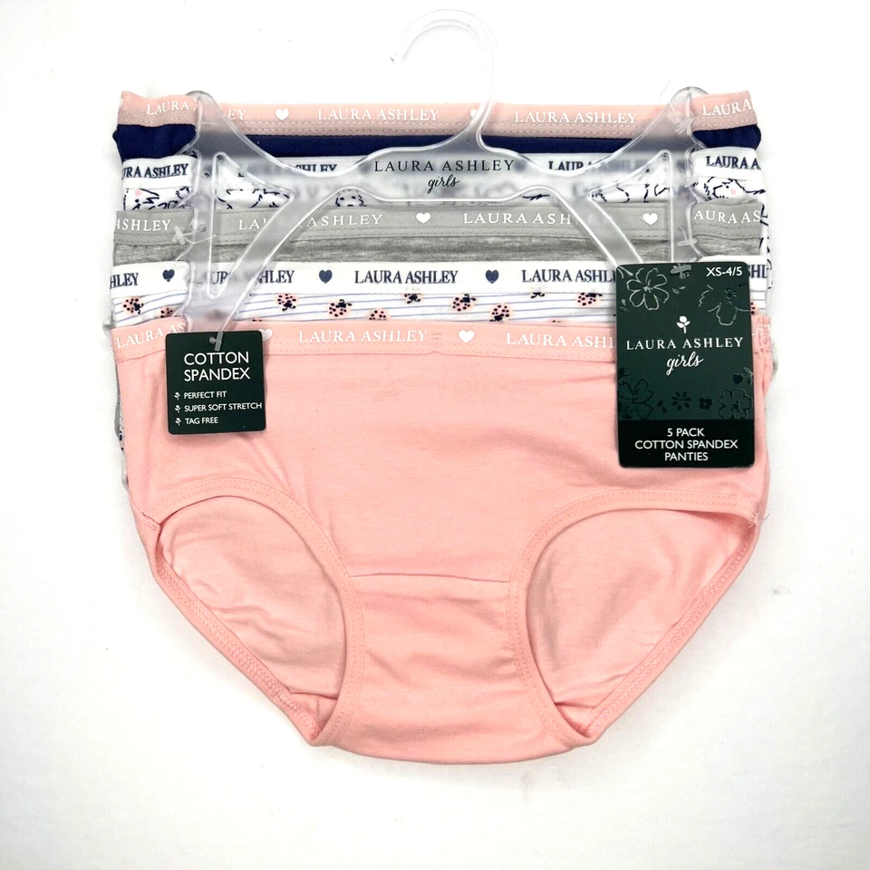 Laura Ashley Girls 5 Panty Set Size XS Solid Stripe Prints Pink White Gray Blue - Image 1 of 4
