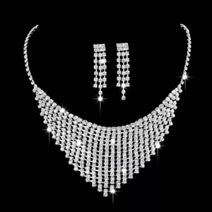 Cristal Diamante Amor Corazón Plata Collar Y Pendientes Set Disfraz Joyería - Imagen 1 de 5