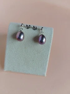 14k White Gold Purple Pearl Drop Dangle Stud Earrings 585 14ct Infinity Symbol - Picture 1 of 9