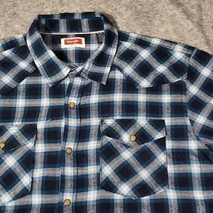 Wrangler Shirt Men's XL Pearl Snap Long Sleeve Blue White Plaid Flannel - EUC - Picture 1 of 12