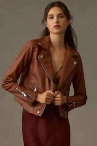 Anthropologie 3X The Saige Faux-Leather Motorcycle Moto Jacket Coat NWT Brown - Picture 1 of 6