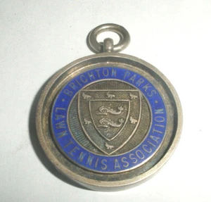 Antique English Brighton men doubles Tennis sterling silver Medal Enamel Fob - Picture 1 of 3
