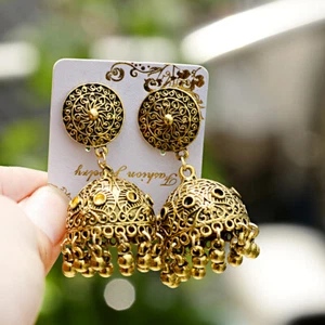 Retro Exquisite Gold Plated Bell Hook Drop Jhumka Jhumki Women Earrings Jewelry - Picture 1 of 11