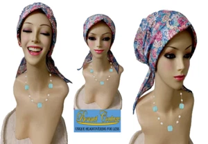 PRE-TIED Padding top. hat Cap Chemo Cancer Turban  Cotton Pink on Flowers - Picture 1 of 10