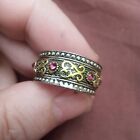 Beautiful Red Round Gem Around Possibly Silver Ring. Gold Emblems sz8.5