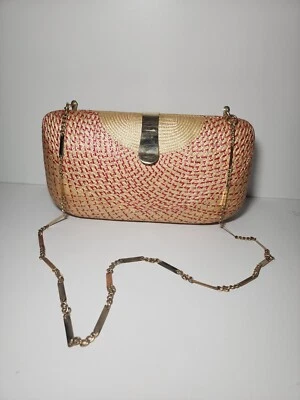 Handmade Philippines Clutch Purse Rattan Woven Envelope Bag Lined Blue Plaid - Image 1 of 4