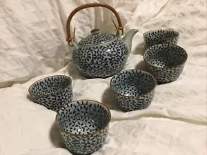 MADE IN JAPAN TEEKANNE & 5 TEETASSEN PORZELLAN BAMBUS GRIFF RANKE BLAU BRAUN - Bild 1 von 11