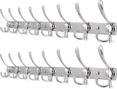 2 Pack 75cm Wall Mounted Coat Racks with 8 Hooks | Chrome Metal Hook Rail - Image 1 of 4