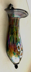 Herb A Thomas  Glass Wall Pocket Vase Iridescent Flowers Signed HAT 10.5" - Picture 1 of 10