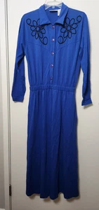 Liz Claiborne Embroidered Blue Maxi Dress Cotton Buttons Prairie Large Vintage - Picture 1 of 8