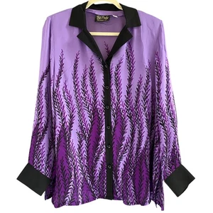 Camicetta Bob Mackie indossabile arte 100% seta con bottoni taglia M viola manica lunga - Foto 1 di 8