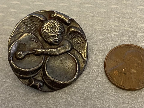 Antique Cherub Winged Baby Playing Drums Picture Button silver metal 1-3/8" Cover