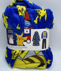 Boys Size 4 Pokemon Pikachu Plush Hooded Robe & 2-Piece Pajama Set Soft & Cozy