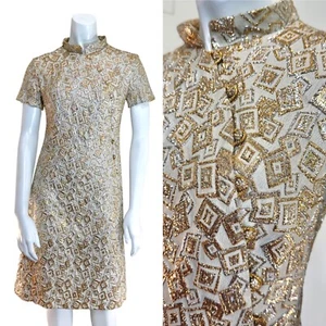Vintage 50’s 60’s METALLIC GOLD BROCADE DRESS Party Cocktail Hostess Hollywood - Picture 1 of 13