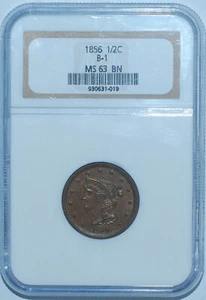 1856 NGC MS63BN B-1 C-1 Braided Hair Half Cent - Picture 1 of 2