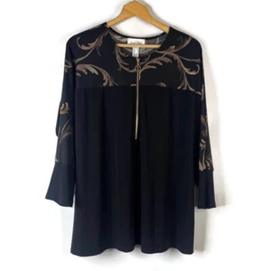 Joseph Ribkoff Womens Tunic Top Size 16 Black Baroque Half Zipper 3/4 Sleeve - Picture 1 of 9