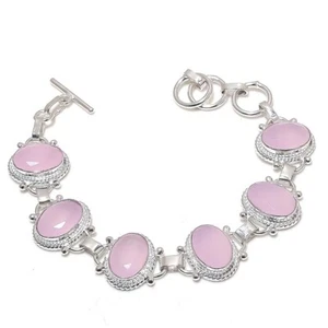Rose Quartz Gemstone Handmade 925 Sterling Silver Jewelry Bracelet Size 7-8" - Picture 1 of 2