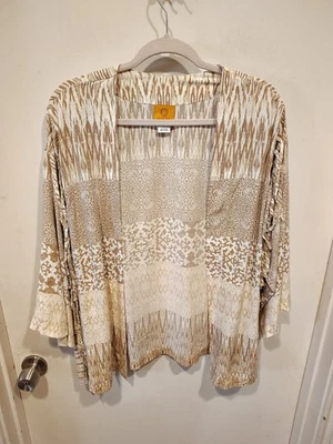 Ruby Rd. Cream Mixed Print Fringe Kimono Jacket  L Boho Western Casual Festival  - Image 1 of 4