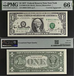 1977 $1 Federal Reserve Note - PMG 66EPQ - Dual Autograph - Morton / Blumenthal - Picture 1 of 3