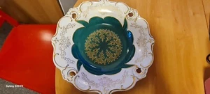 art deco WEIMAR Porzellan : Prunkschale D 30 cm in creme grün gold - Bild 1 von 9