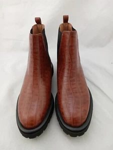 DUO Womens Chelsea Boots Ankle Tan Brown Leather Mock Croc Morgana Chunky New F1 - Picture 1 of 8
