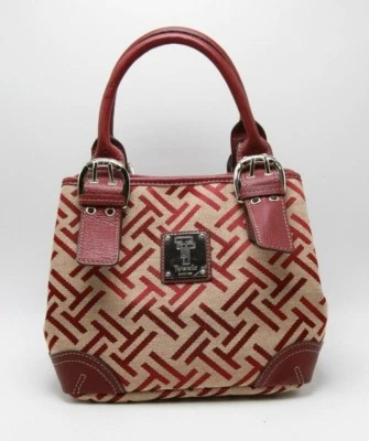 NUEVO Bolso de Mano Tignanello T Logo Tela Bronceado Borgoña Hebillas Mezcla de Algodón Foto 1 de 4