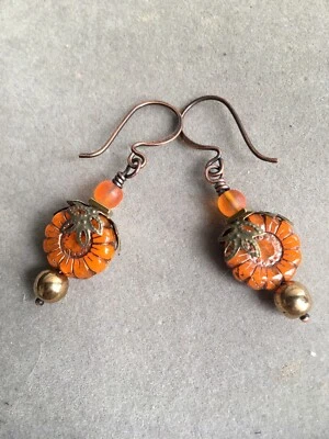 Orange Czech glass Fall Flower Artisan made Earrings in copper/bronze beads/ - Image 1 of 3