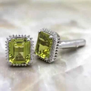 4Ct Emerald Cut Lab-Created Green Peridot Men's Cufflinks 14K White Gold Plated - Picture 1 of 6