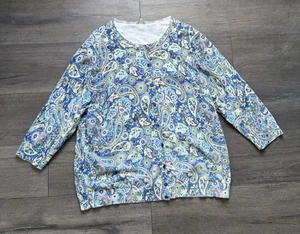Talbots Womens Blue Paisley Button Down 3/4 Sleeve Cardigan Sweater Size 3X - Picture 1 of 8