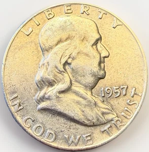 1957 D Franklin Half Dollar Silver 50c Error Coin XF - Die Chip Above R In Trust - Picture 1 of 5