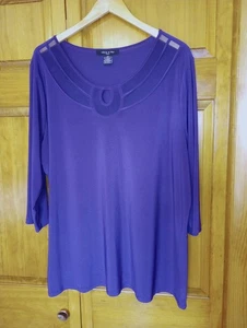 Adele & May Woman 3X Dark Purple sheer neckline top IRL msrmts below long sleeve - Picture 1 of 24