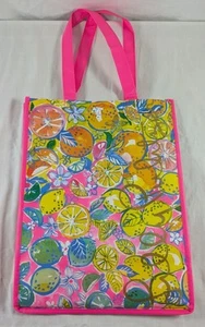 Lilly Pulitzer Reusable Shopping Tote Citrus Pattern Gold Logo Pink Lemon NEON - Picture 1 of 6