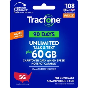 Tracfone 108 $ unbegrenzt Talk & Text, 60 GB Daten / 90 Tage (physische Karte) - Bild 1 von 5