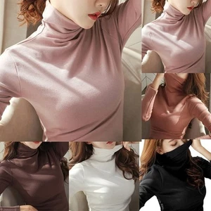 Plain Winter Turtleneck Stretch Top Women's Thermal T Shirt Versatile and Cozy - Picture 1 of 21