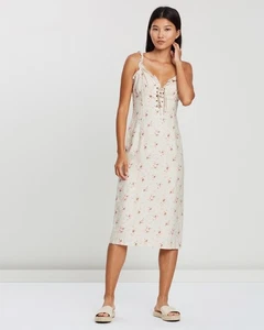 HANSEN & GRETEL Jessica Linen Midi Dress SIZE M (AU 10) Cream Floral VGUC - Picture 1 of 11