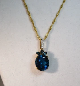 10k Yellow Gold 8.57ctw Oval/Pear Shape Brazilian Blue Topaz & Diamond Pendant - Picture 1 of 6