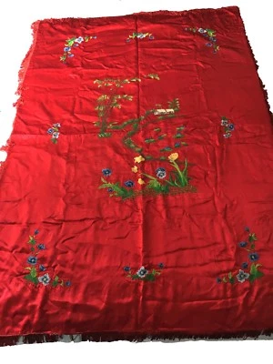 Antique Red Silk Asian Hand Embroidered TextileArt/ Drape Panel/ Twin Coverlet - Image 1 of 4