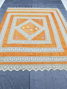 Antique filet needle lace and silk tablecloth 272x222cms