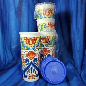 SET (4) NEU Tupperware Talavera Volkskunst Schablone Becher mit Deckel - Bild 1 von 2