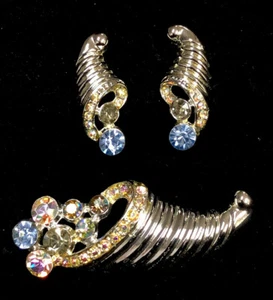 Colorful Crystal Cornucopia Pin Brooch Screwback Earring Set - Picture 1 of 5