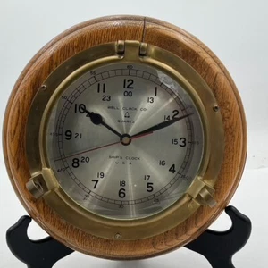 Nautical Ship's Porthole ~ Vintage Bell Clock Company 10" Brass & Oak Wall Clock - Picture 1 of 13