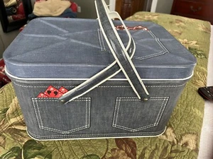 Vintage Cheinco Metal Picnic Basket Blue Jean Design VERY NICE - Picture 1 of 5