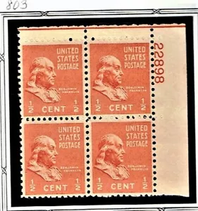 1938 U.S. PRESIDENTIAL SERIES 1/2c Franklin Plt#Blk of 4 Sc#803 M/NH/OG ^ - Picture 1 of 1