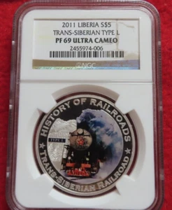 2011 Liberia Silver Five Dollars Trans Siberian Railroad Train PF 69 Ultra Cameo - Picture 1 of 4