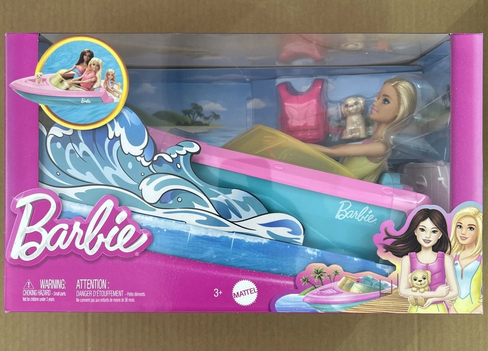 Barbie Muñeca y Juguete Barco Juego con Mascota Cachorro, Chaleco Salvavidas y Accesorios para Bebidas, Foto 1 de 3
