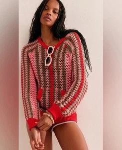 New Free People Dayton Sweater Pullover in Flamingo Combo Small Boho Crochet - Picture 1 of 5