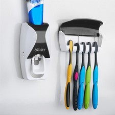 Auto Automatic Toothpaste Dispenser and 5 Toothbrush Holder Wall Mount Rack