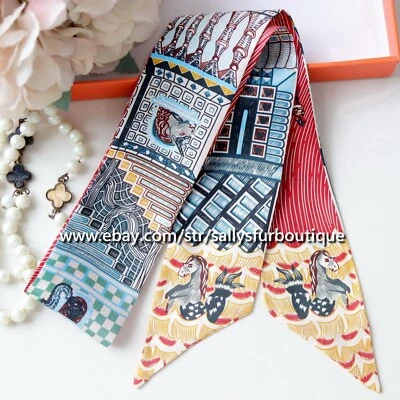 Sallys Boutique 100% Silk Scarf Ribbon Print Slim Head Band Neck Tie 85*5cm - Image 1 of 4