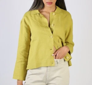 FLAX Women Natural Linen Mustard Jacket Tunic Top Shirt Pockets Lagenlook Size L - Picture 1 of 12